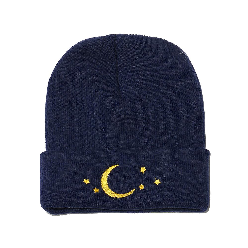 Модная универсальная шерстяная шапка бини с вышивкой в виде звезды и луны, вязаная шапка, шапка-пуловер для мужчин и женщин