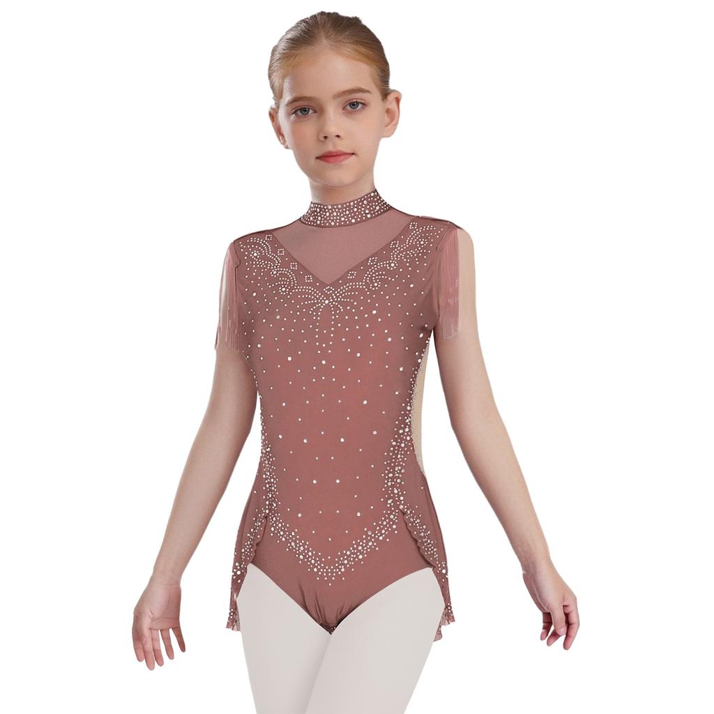 Girls Rhinestone Dance Leotard - Sparkling Mock Neck Bodysuit with Sheer Mesh & Tassel Skirt, Invisible Zipper Back