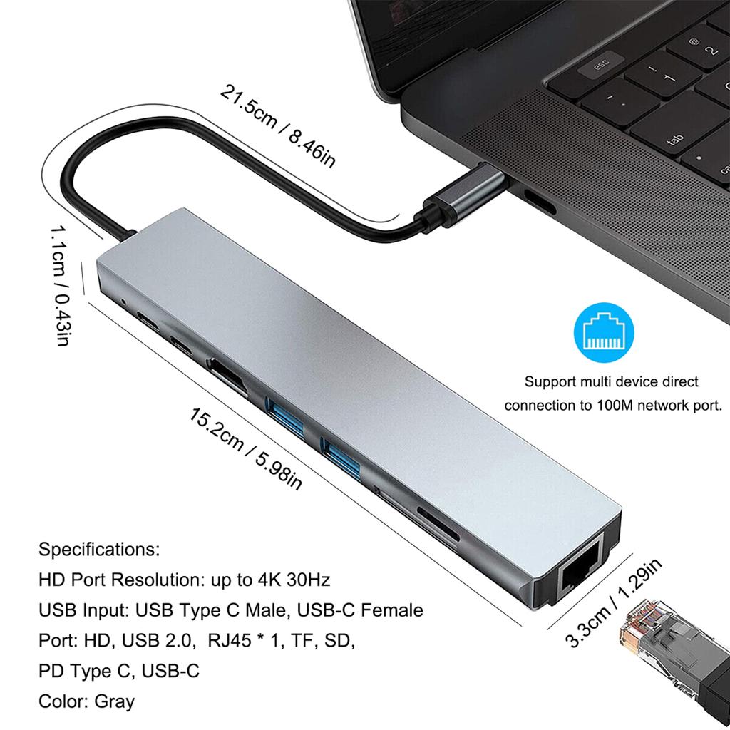 8-в-1 USB C концентратор Type-C адаптер-хаб док-станция многопортовый адаптер с 4K HD RJ45 Ethernet USB 2.0 PD портом зарядки Совместим с ПК Ноутбуком Телевизором