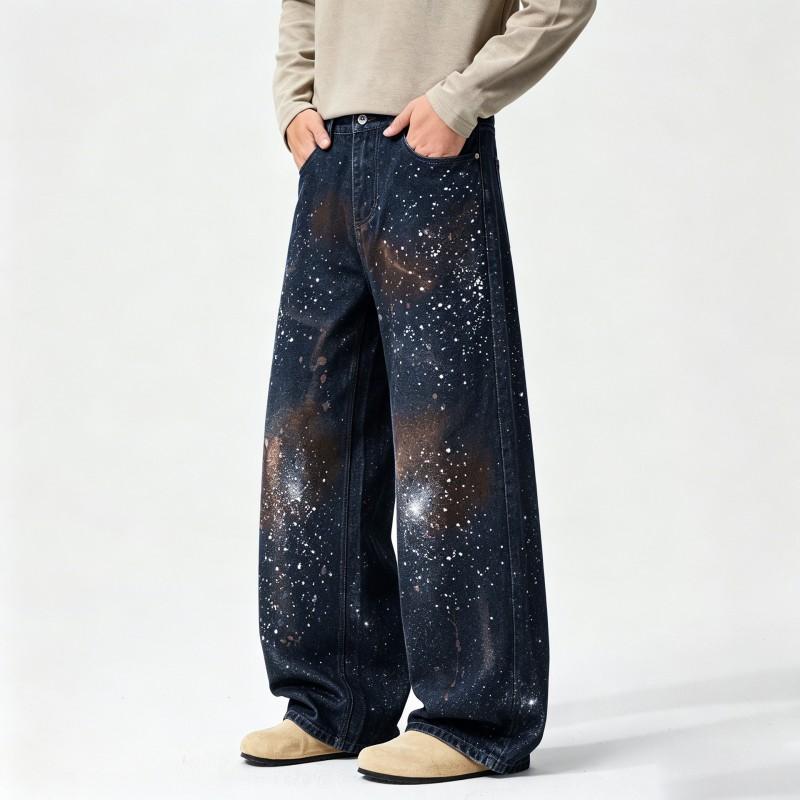 Mens Vintage Americana Starry Sky Gradient Paint-Splatter Wide-Leg Tapered Jeans Low-Rise Straight Cut