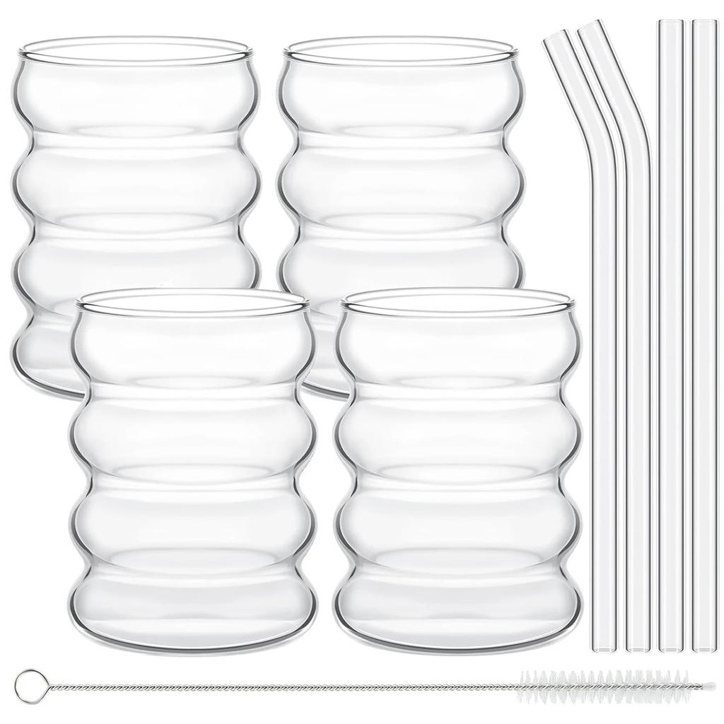 Leeseph 4Pcs Creative Glass Cups Coffee Mug Vintage Drinking Glasses Ribbed Glassware Aesthetic Cups with Straws Set