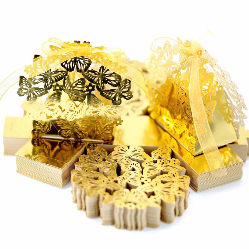 50 шт., полая коробка для свадебных конфет с бабочкой и лентой, упаковочная коробка для детского душа, украшение для свадебной вечеринки