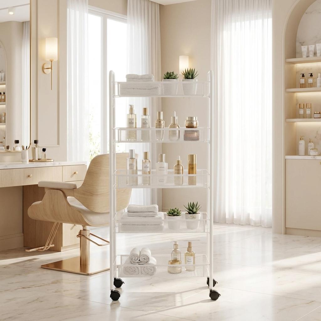 Hairdressing Trolley Cosmetic Spa For Salon Shelves Mobile Shelf On Wheels For Salon White