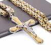 Christian Jesus Cross Crystal Pendant Necklaces Thick Link Byzantine Chain Stainless Steel Men Jewelry Colar Gift 21.65" MN79
