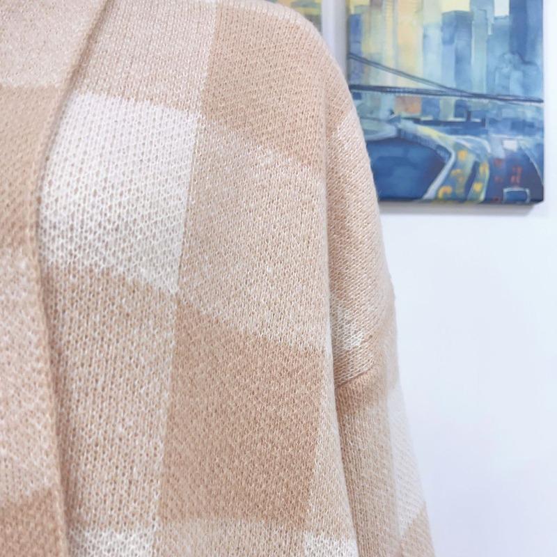 IHUASU Women's Jacket Loose Plaid Colour Block Knit Cardigan Fashion Sweater