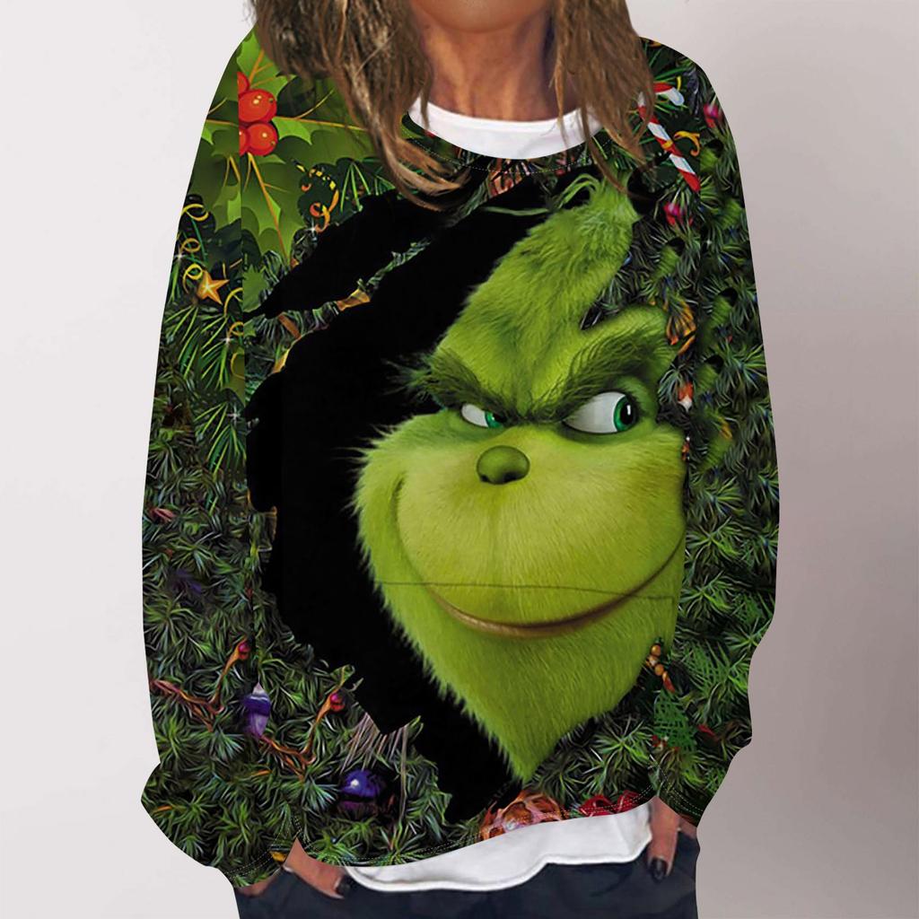 Женская повседневная модная толстовка с длинным рукавом и круглым вырезом с рождественским принтом, многослойный пуловер, топ