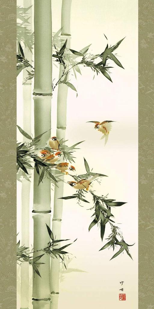 Hanging scroll for featuring the four Bamboo and by Takeyo 3 shaku tate approximately wide x 164cm Available at year-round use, seasons Sparrows,