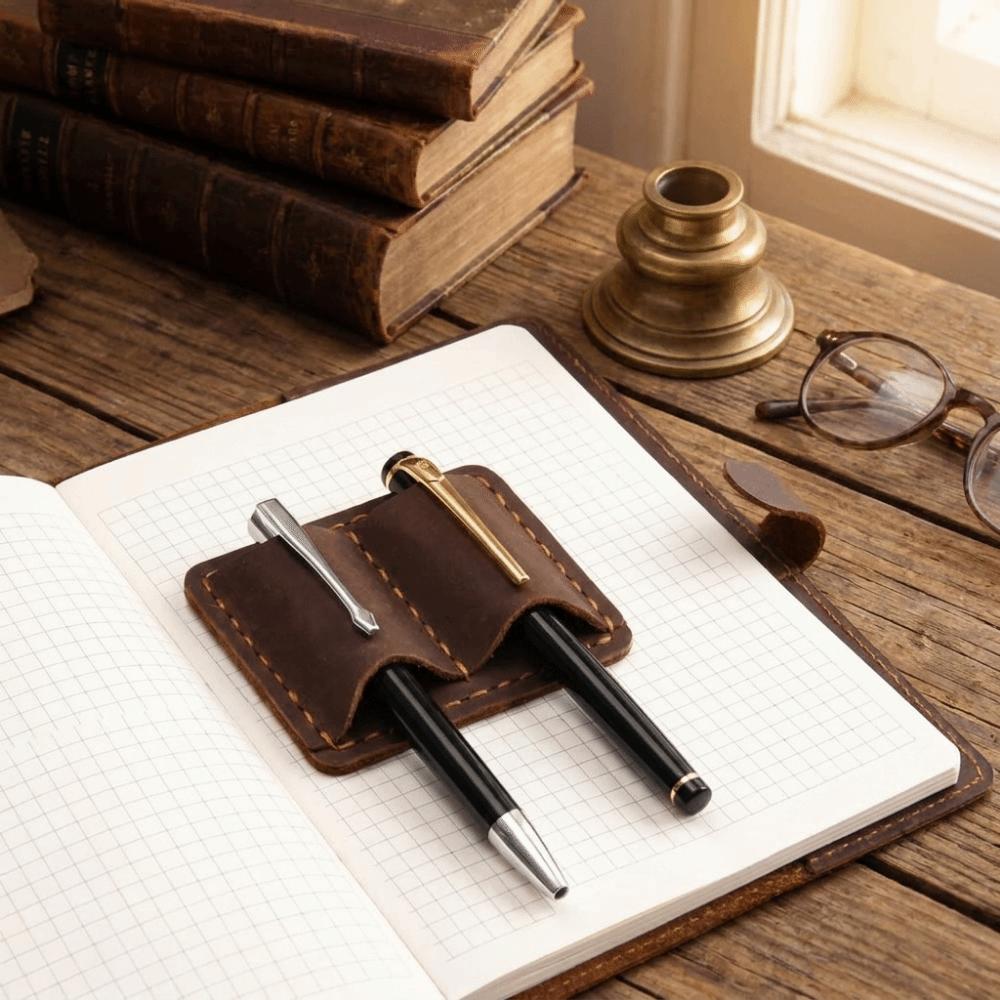Double Vintage Leather Pen Loop Holder Metal Clip Elegant Pen Sleeve Dual Pen Slots Handmade Retro Pen Holder Stationery