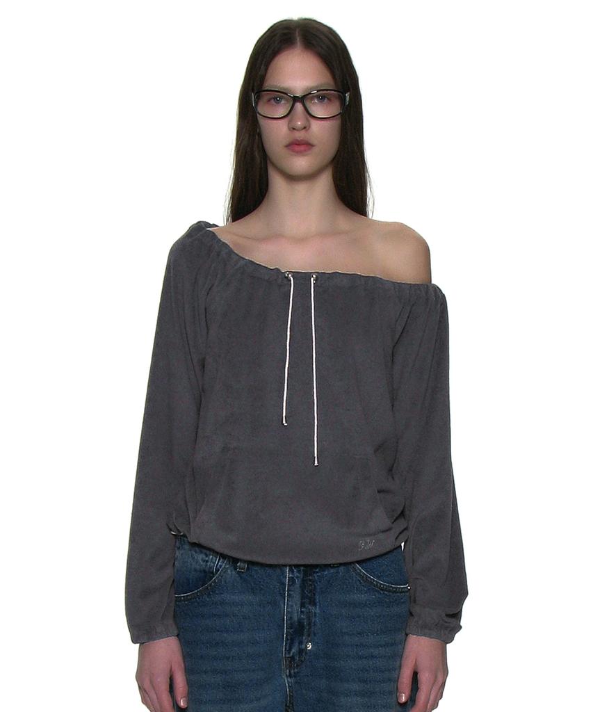 PARTIMENTO WOMEN Terry Drawstring Off-Shoulder Top_Charcoal