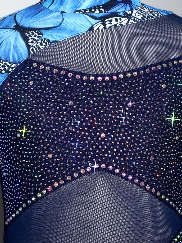 Гимнастический танцевальный купальник для девочек: Боди с высоким воротником, длинными рукавами, скрытой молнией сзади, сетчатыми вставками, принтом-бабочками и блестящими стразами