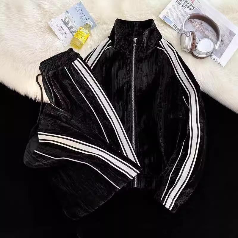 Осенний стильный полосатый свитшот из золотого бархата, спортивный костюм из двух частей для пар для мужчин