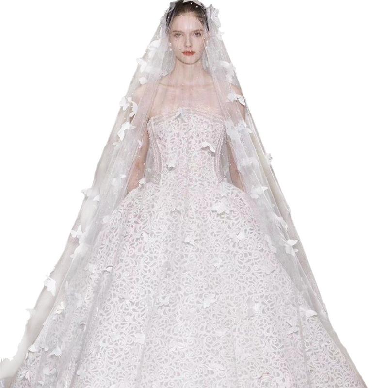 1шт длинный шлейф тяжелый жемчуг невеста роскошный свадебный головной убор свадебная фата 3D вышивка бабочка фата очень длинная