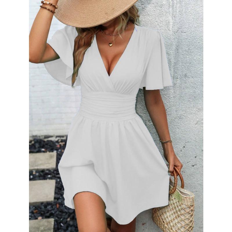 Женское платье 2025 года, лето, глубокий V-образный вырез, элегантное мини-платье с оборками, короткое платье-приталенка