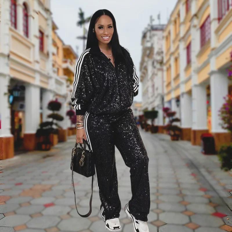 2023 European & American Sequin Women's Casual Long Sleeve Jacket and Trousers Set