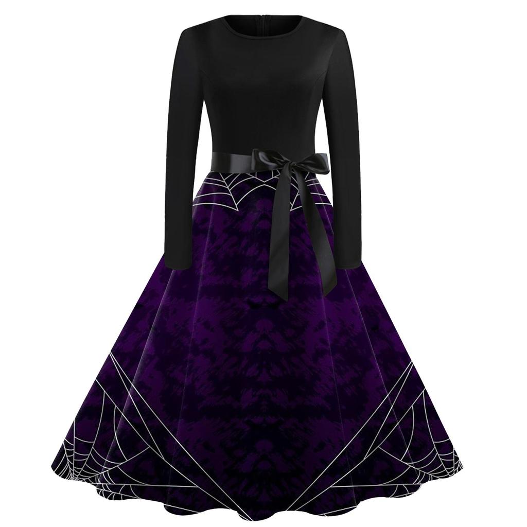 Women's Casual Fashion Long Sleeve Halloween Printed Vintage Long Dresses