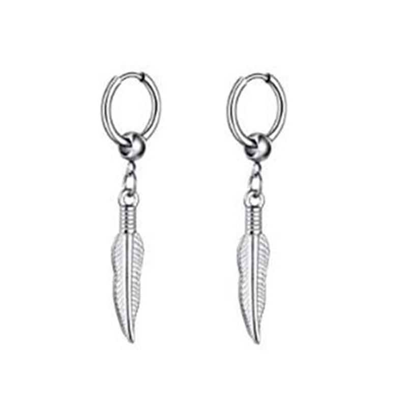2pcs/set Black Or Silvery Unisex Punk Stainless Steel Cross Cone Feather Chain Pendant Hoop Earrings Ear Stud Jewelry Set