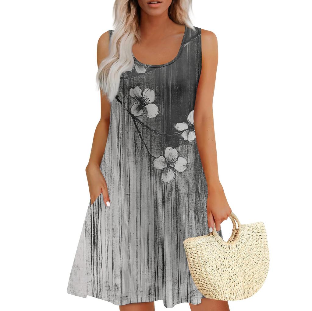 Women's Summer Casual Square Neck Floral Print Dress Sleeveless Dress With Pockets