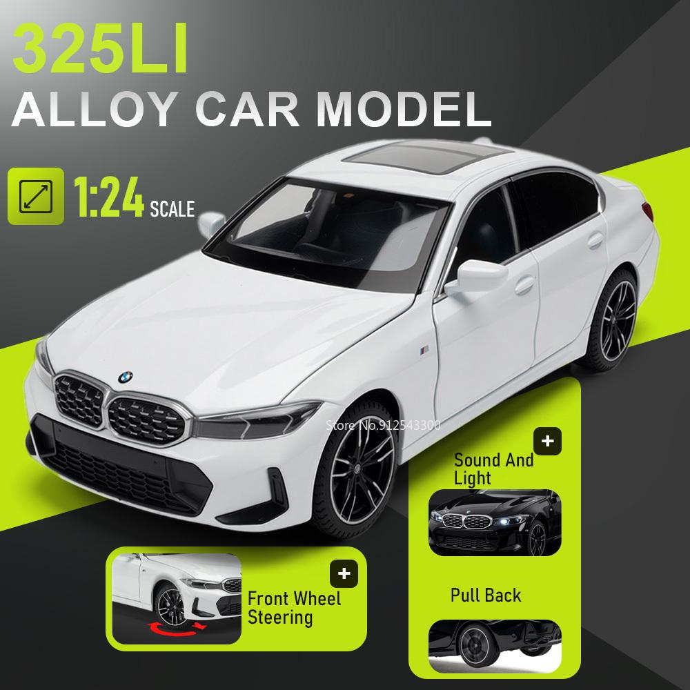 Scale 1:24 325li M3 Model Car Toy Doors Opened Pull Back Miniature Models Sound Light Front Wheel Steer Cars Desktop Decoration