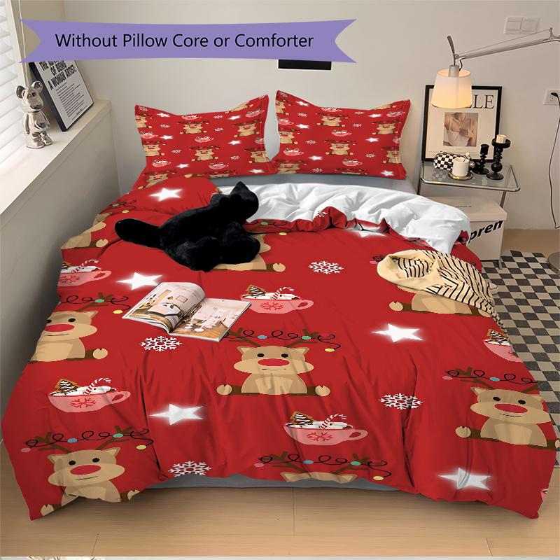 3Pcs Christmas Reindeer Hot Chocolate Bedding Sets For All Sizes New 3D Printed Bed Cover Comforter Duvet Cover Pillowcase Bedroom Decoration