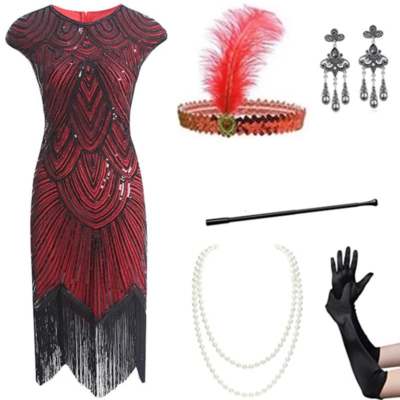 1920s Retro Sequin Flapper Dress with Tassels and Headdress Set