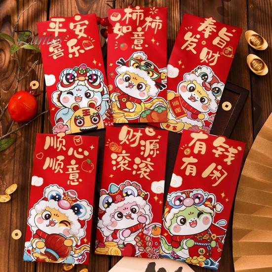 6 шт. Красные конверты «Год Змеи» 2025, китайский Новый год, сумка для счастливых денег, мультяшный знак зодиака Змея, красный карман для празднования весеннего фестиваля