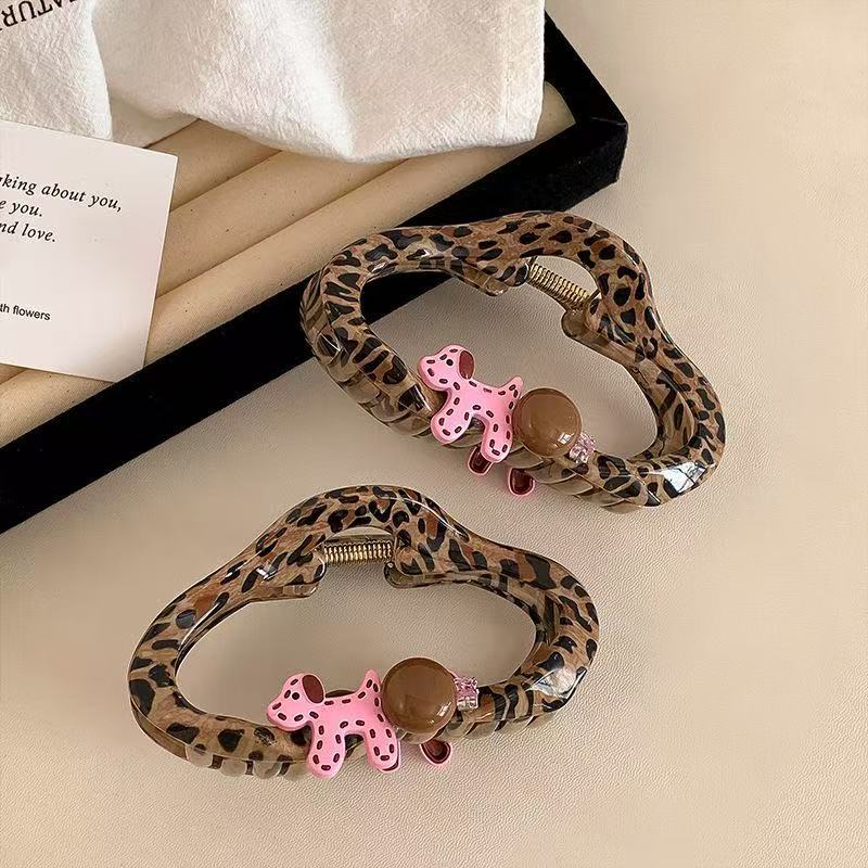 Korean Sweet And Cool Leopard Print Niche Cloud Puppy Ball Rhinestone Hair Grab Foreign Style Fashion Grab Clip High Ponytail Disc Hair Accessories
