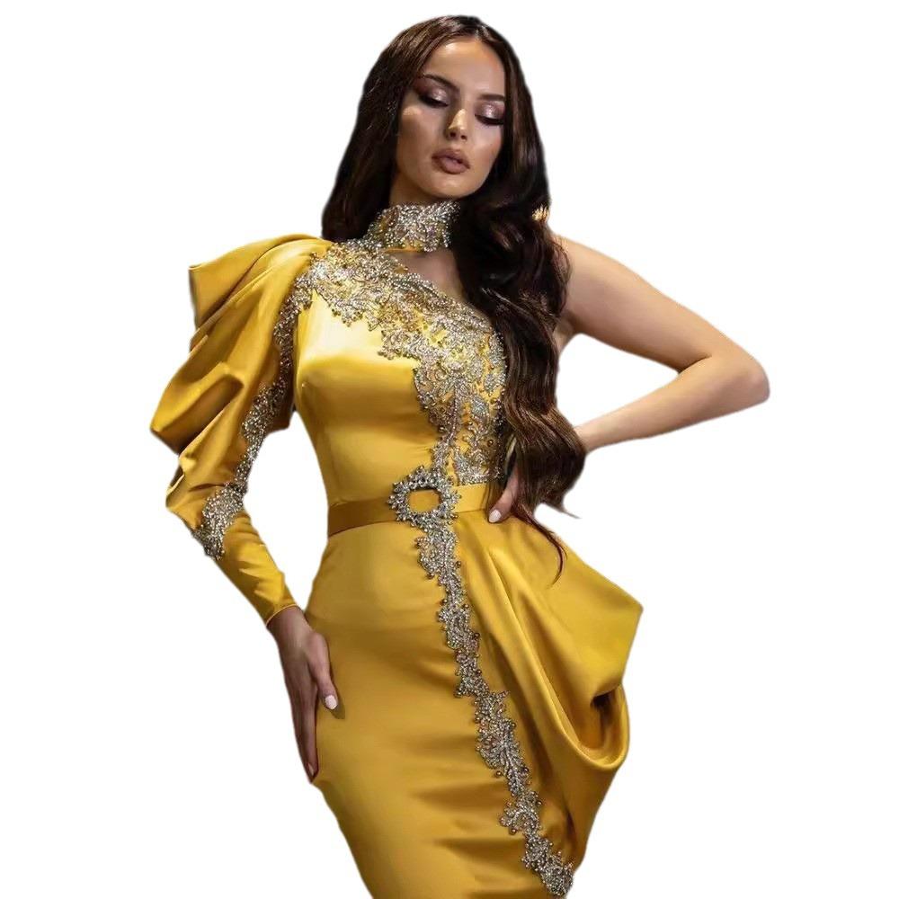 Spring and summer new European and American women's clothing sexy gold-sprinkled turtleneck dress splicing irregular banquet dress