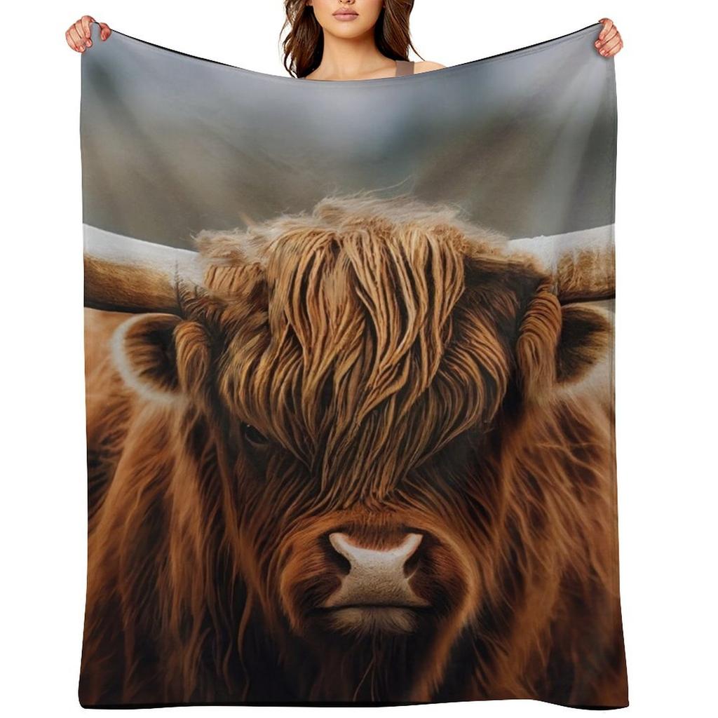 The Great One, Highland Cow in Colour Throw Blanket Flannel Fabric Weighted Shaggy Heavy Blankets