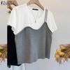 Женские повседневные поддельные двухкомпонентные футболки с коротким рукавом в стиле пэчворк