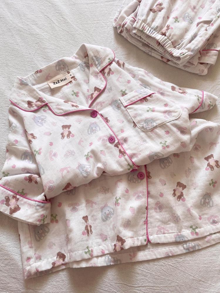 Japanese girl cartoon strawberry teddy bear pajamas women's summer short-sleeved shorts cardigan set loungewear two-piece set