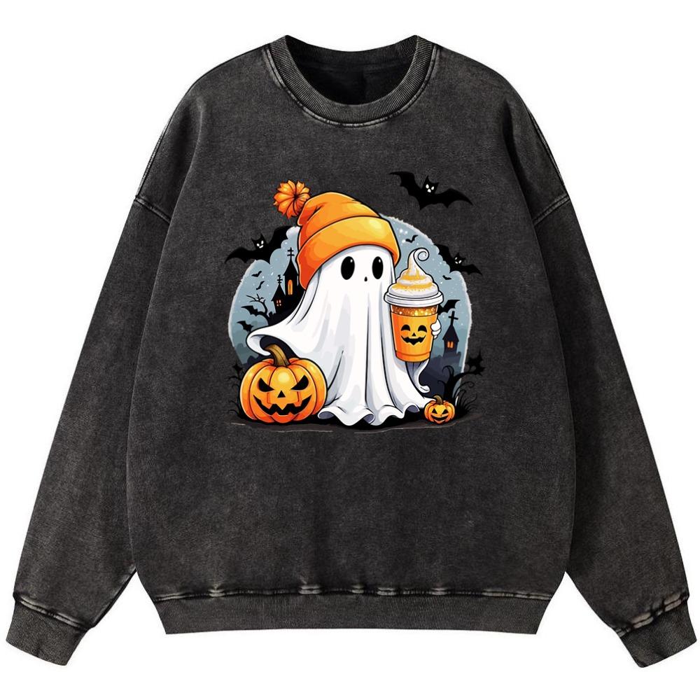 Хэллоуин Привидения и Тыквы Девушка Винтажная Хлопковая Толстовка Простой Пуловер Тонкий стиль Свободный Хипстерский Флис