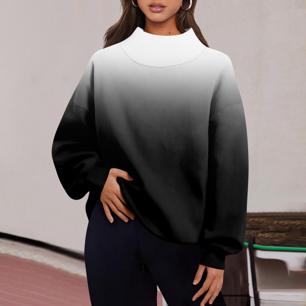 Женская мода градиент цвета с длинным рукавом свободный разрез половина водолазка толстовка топ