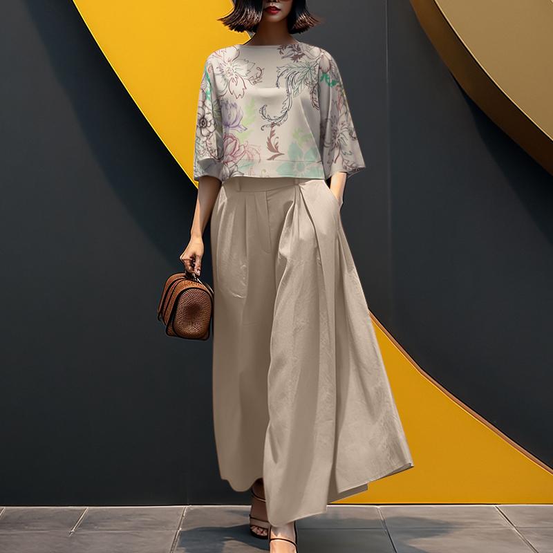 ZANZEA Женский повседневный костюм из двух частей: блузка с цветочным принтом и широкие брюки