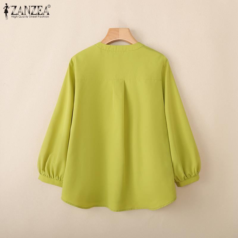 ZANZEA Женская повседневная однотонная свободная блузка с V-образным вырезом и длинным рукавом