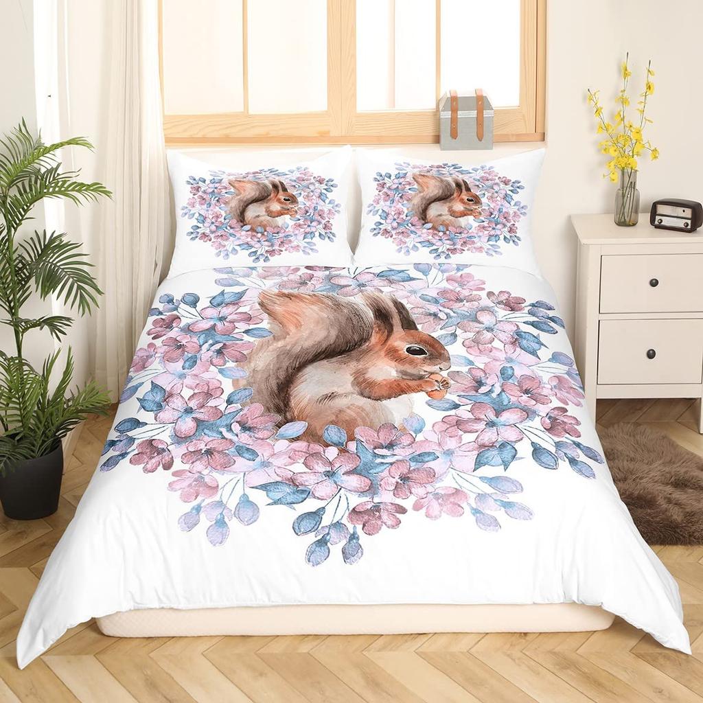Lovely Squirrel Duvet Cover Cartoon Animal Starry Sky Moon Universe Blue Cloud Bedding Set Watercolor Painted Art Quilt Cover
