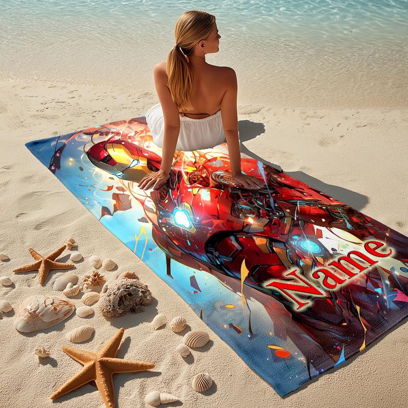 Custom Name Iron Man Flight Stylish Digital Printing Beach Towel Quick‑Drying Absorbent Blanket for Beach Pool Gym Travel