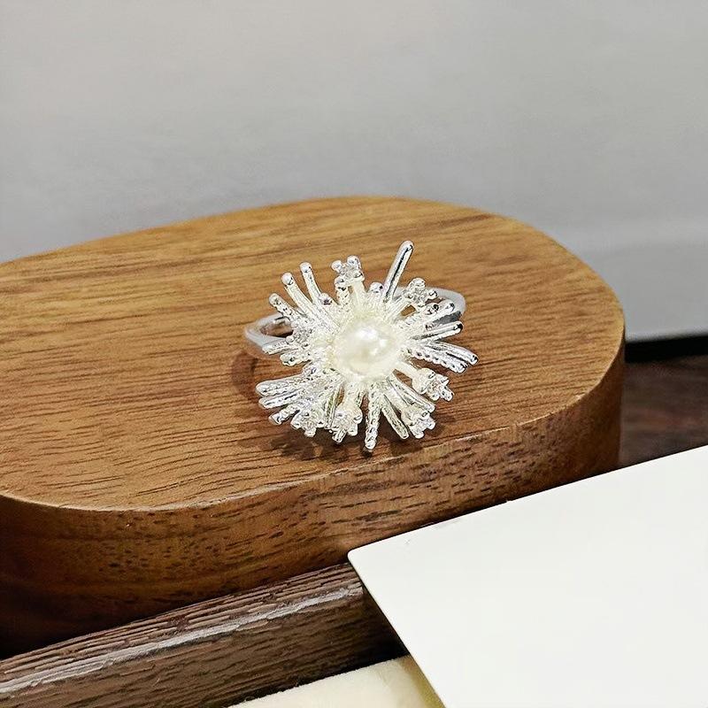 Fashion Fireworks Bloom Bead Opening Ring Women'S Niche High-End Sense Light Luxury Elegant Temperament Personalized Brushed Jewelry