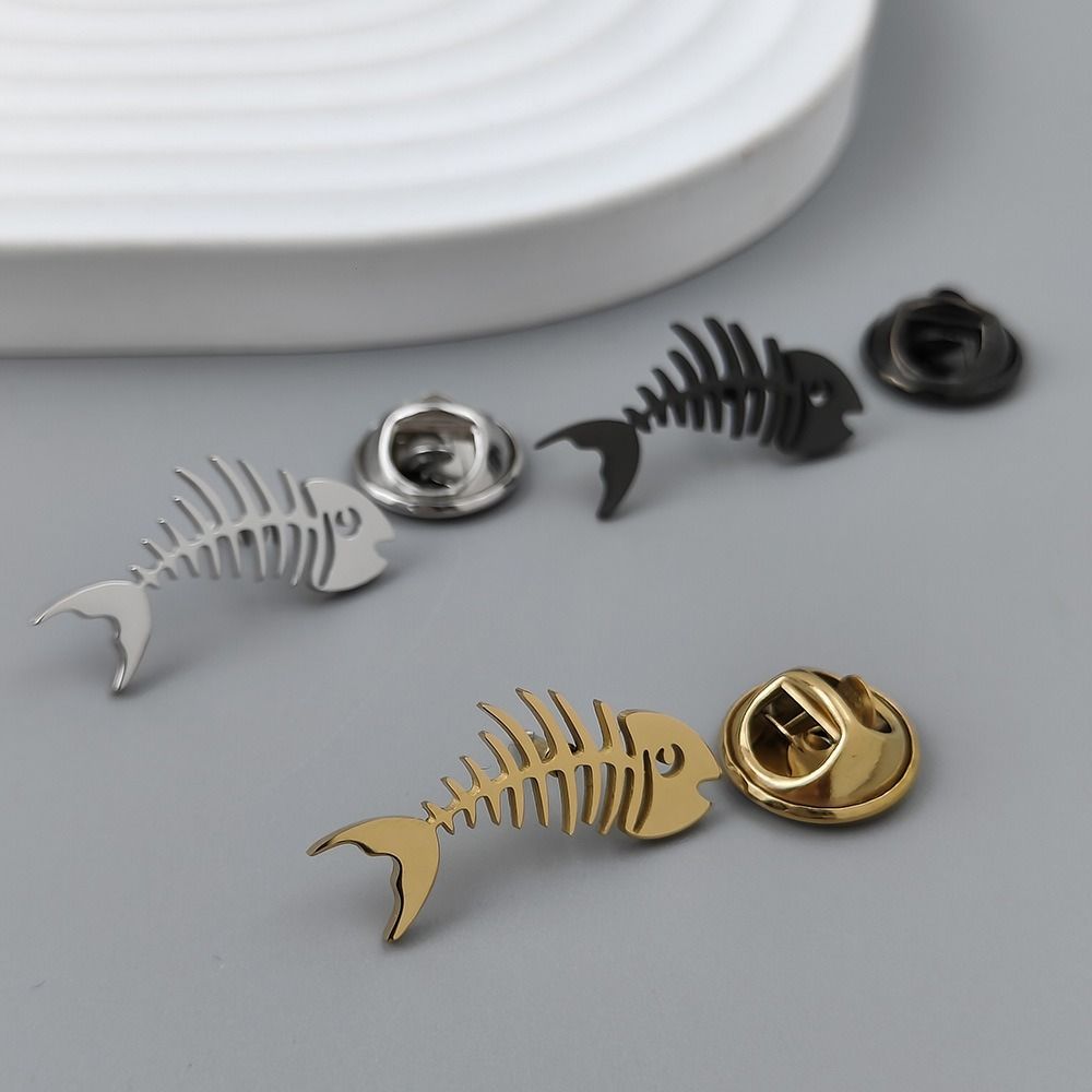 Stainless Steel Men's Collar Brooch Hollow Design Fish Skeleton Lapel Pin Formal Wear