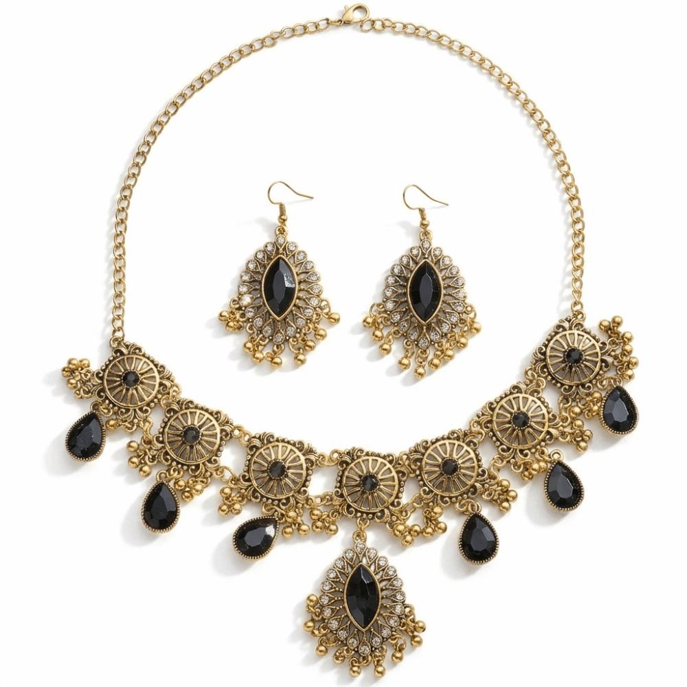 Metal Necklace Earrings Set Water Drop Pendant Ethnic Style Necklace Set  Wedding Party