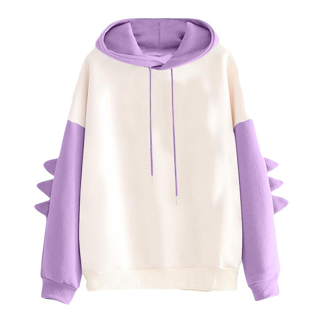 Women's Solid Color Contrasting Dinosaur Loose Casual Hoodie