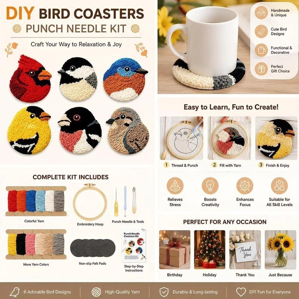 Soft Embroidery Coaster Kit Handmade Bird Coaster Kit Bird Coasters Punch Needle Kit Home Decor