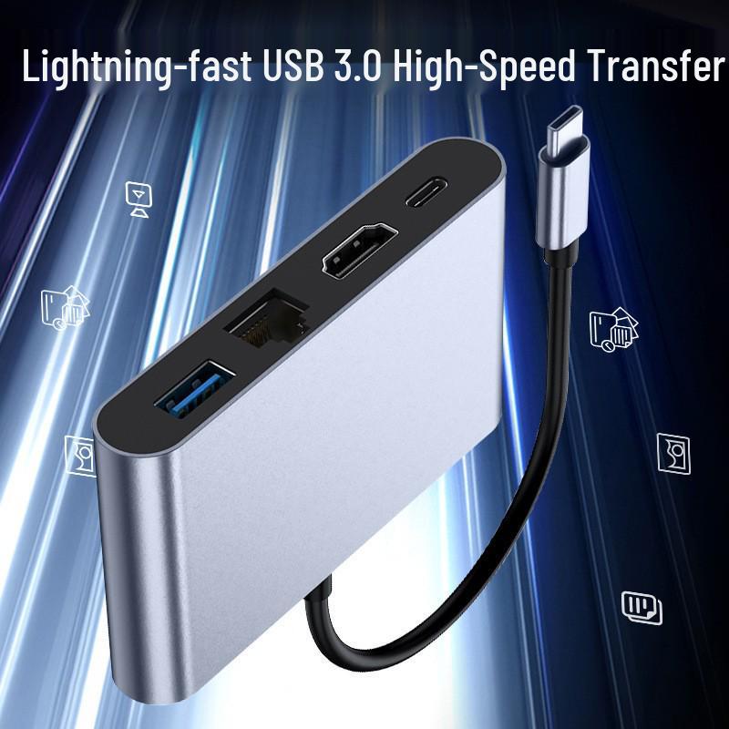 Универсальная док-станция 4-в-1 USB-C для ноутбука/iPad Apple с HD-конвертером, USB 3.0 и сетью 100 Мбит/с