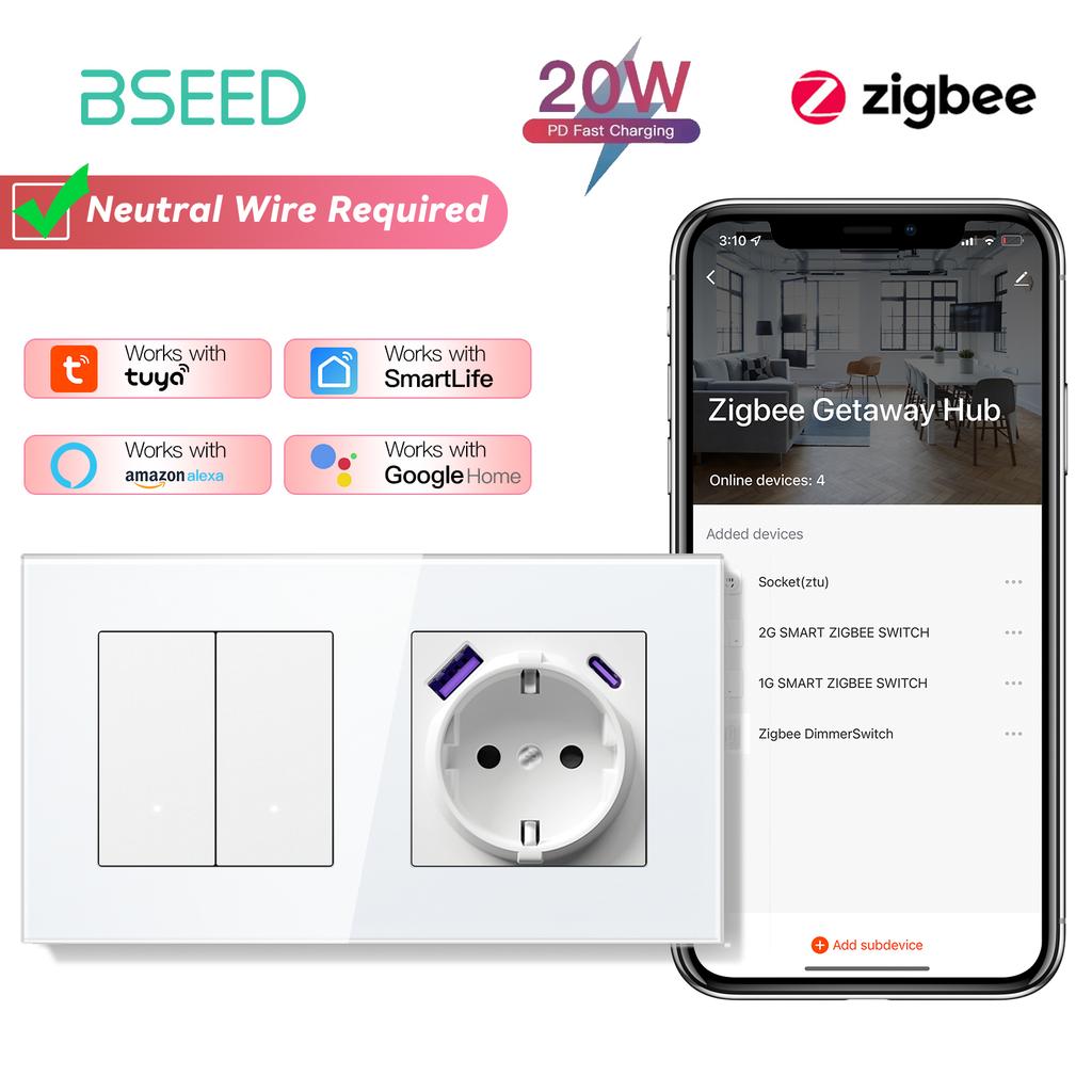 BSEED ZigBee Выключатели Настенные Умные Щелчковые Выключатели Света Желтая Подсветка Стеклянная Рамка Приложение Tuya Выключатель EU Настенные Розетки с USB
