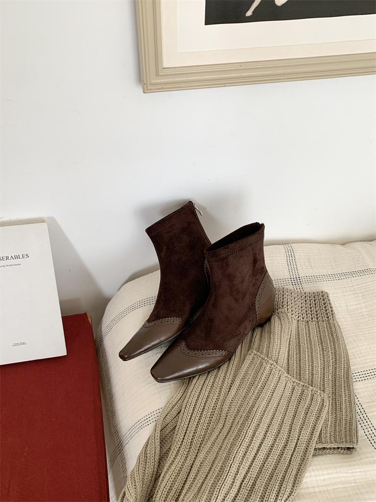 Square Head Splicing Short Tube Fashion Boots Versatile British Style Commuting with Skirt Personality Thick Heel Thin Comfortable Martin Boots