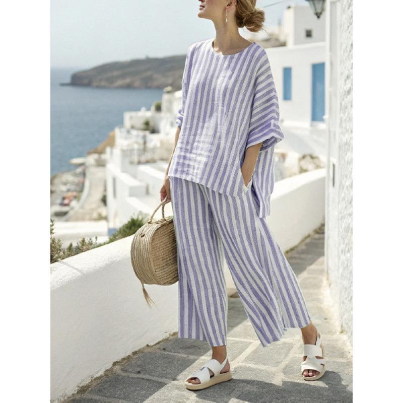 A new summer women's clothing, printed striped color matching medium-sleeved crew neck top, straight casual suit.