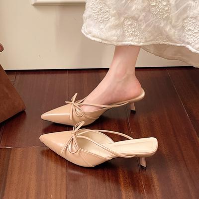 Тонкий каблук бант сумка голова полушлепанцы туфли феи 2025 весна и лето атлас французский темперамент полуподнос одинарные туфли