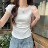 Solid Color Positive Shoulder Short-sleeved T-shirt Summer Slim Thin Arc Hem High Waist Short Tops