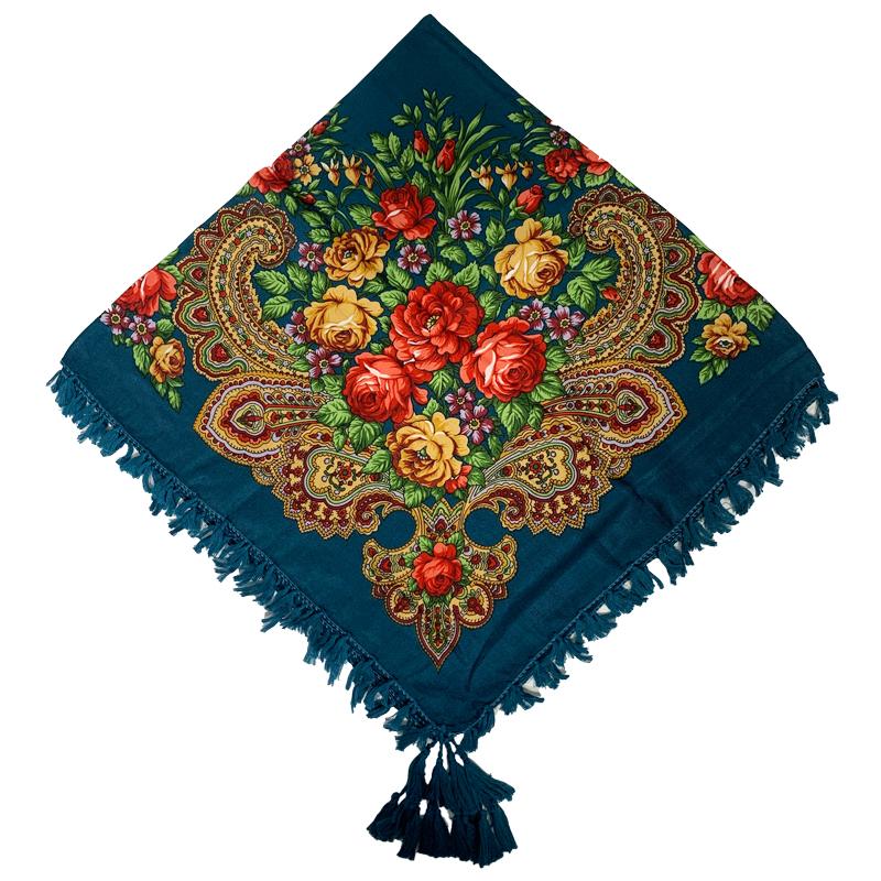 90*90см Короткая кисточка Цветочный принт Русский квадратный платок Женский Роскошный с цветочным принтом Бандана Шаль Украинский Платок Бабушки на голову