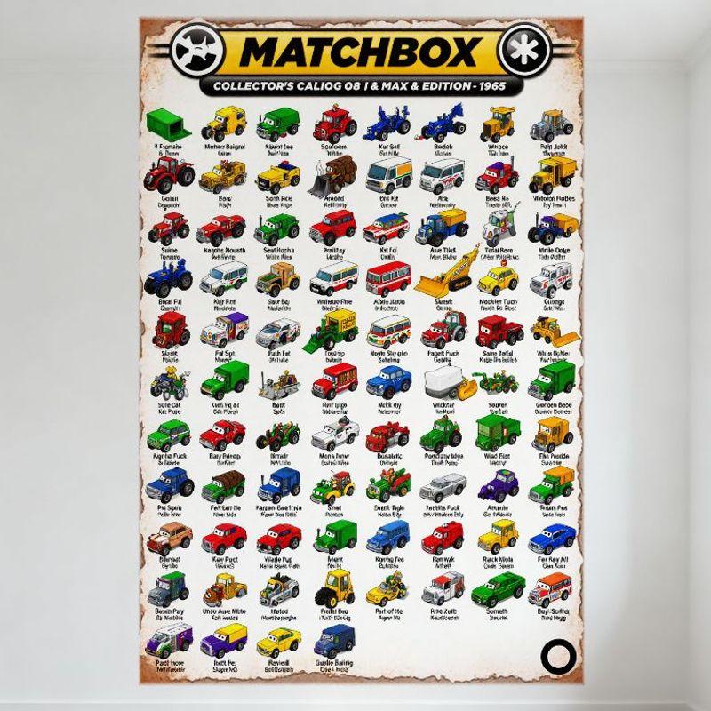 1965 Каталог коллекционера Matchbox 6 и Max Edition Металлическая жестяная вывеска Винтажные игрушечные машинки Сетчатый дизайн для декора стены дома Мужская берлога C