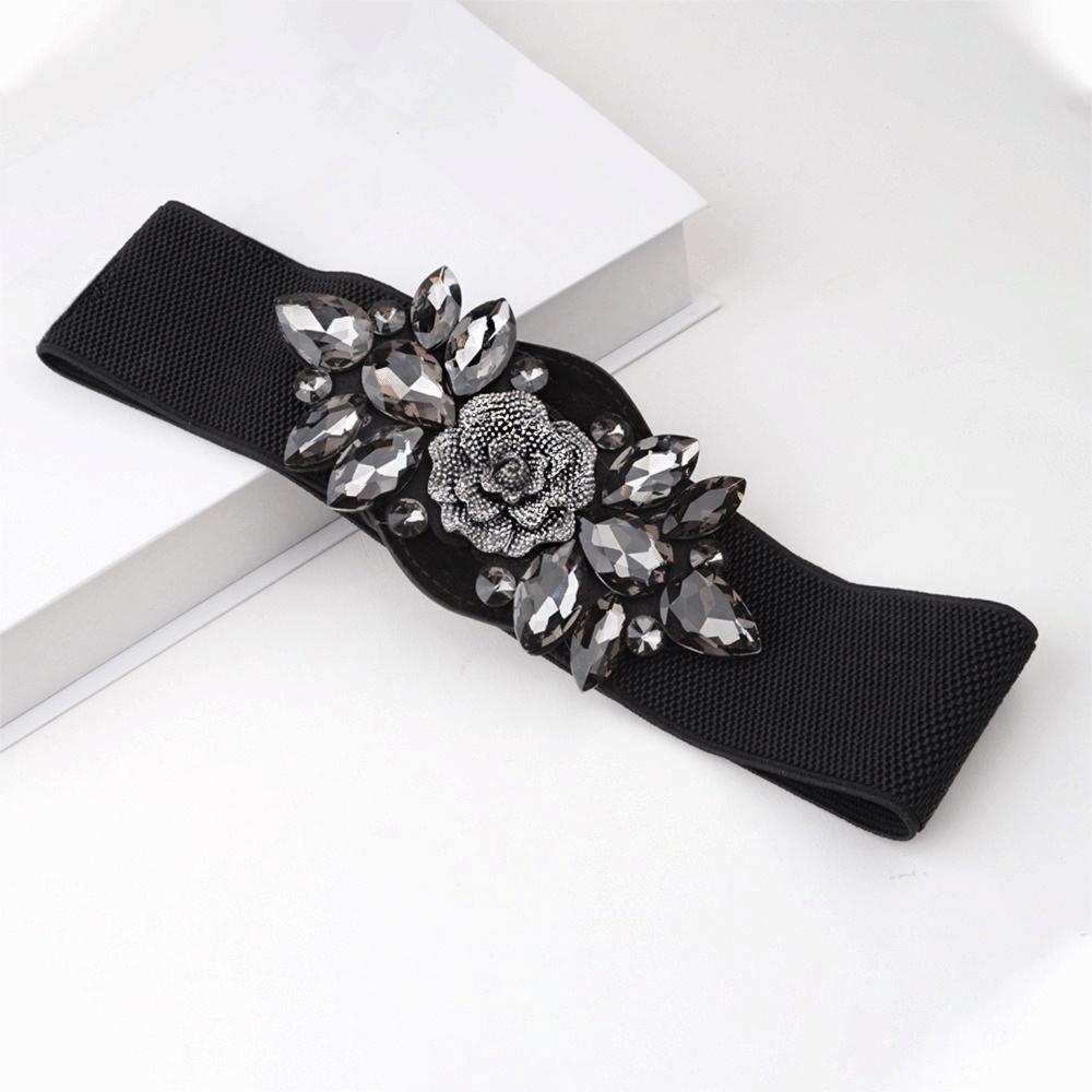 Rose Flower Women Waistband Korean Style Rhinestone Waist Belt Casual Elastic Cummerbunds Dress
